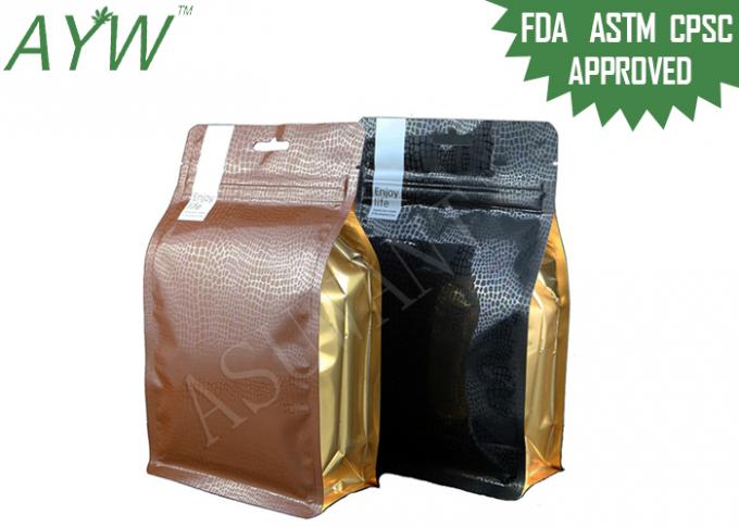 Golden Printed Stand Up Ziplock Pouches / Flat Bottom Gusset Bags With Zip Closure