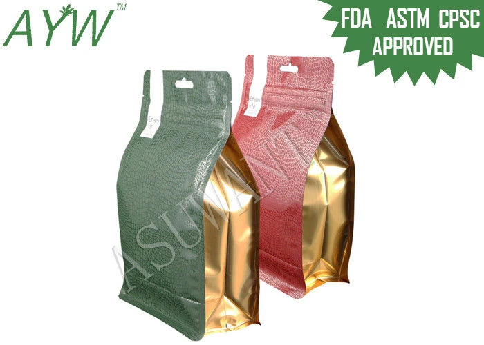 Golden Printed Stand Up Ziplock Pouches / Flat Bottom Gusset Bags With Zip Closure